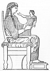 Etruscan bas relief depicting Leucothea holding on her knees infant Bacchus. Old Illustration by unidentified author, published on Magasin Pittoresque, Paris, 1834