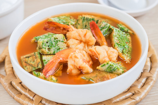 Acacia leave omelet and shrimp in spicy sour soup,  Thai food