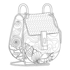 Coloring  page for adults. Bag with seashells. Art Therapy. Line art illustration.