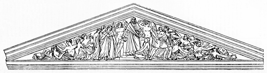 Triangular composition of La Madeleine church pediment in Paris, Christ on the center surrounded by angels and saints. Old reproduction by Lemaire, published on Magasin Pittoresque, Paris, 1834