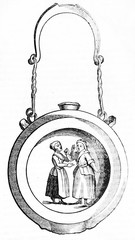 Medieval pendant that was placed on the neck of slanderers and quarrelsome women in middle ages. Old Illustration by unidentified author, published on Magasin Pittoresque, Paris, 1834