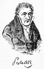 Half body portrait of Johann Heinrich Pestalozzi, Swiss pedagogue, in his ancient clothes. Old Illustration by unidentified author, published on Magasin Pittoresque, Paris, 1834