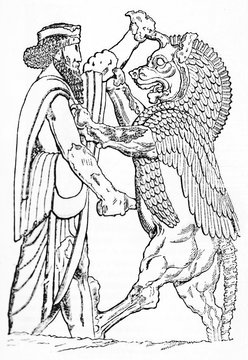 Ancient king fighting with a monster, both fighters displayed in profile view. Persepolis bas relief. Old Illustration by Muret, published on Magasin Pittoresque, Paris, 1834
