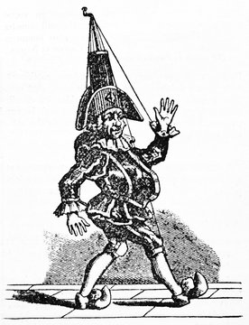 Pulcinella puppet version, classical Italian character moving on the scene in his traditional ancient clothes. Old Illustration by unidentified author published on Magasin Pittoresque Paris1834