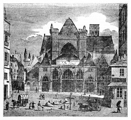 Obraz premium Old view of Saint-Germain l'Auxerrois church before restores and before neo-gothic steeple construction Paris. Created Old Illustration by Quartley published on Magasin Pittoresque Paris 1834