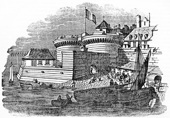 Ancient port activity in Saint-Malo (ramparts and the Grande-Porte) Brittany France. Old Illustration by unidentified author published on Magasin Pittoresque Paris 1834