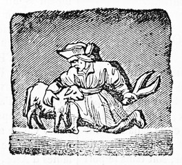 Old iconic illustration of a sheep shearer in a square frame. After drawing of destroyed misericord in Corbeil Saint-Spire cathedral. Published on Magasin Pittoresque Paris 1834