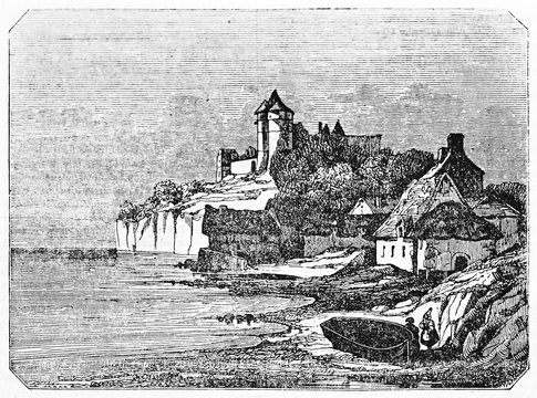 Suggestive ancient view of a medieval landscape with a castle on background, old houses, rocks and sea. Old Illustration by unidentified author published on Magasin Pittoresque Paris 1834