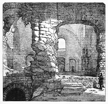 Foreshortening of a evocative medieval stone build, Thermes de Cluny (also known as Thermes de Julien) Paris. Old Illustration by unidentified author published on Magasin Pittoresque Paris 1834