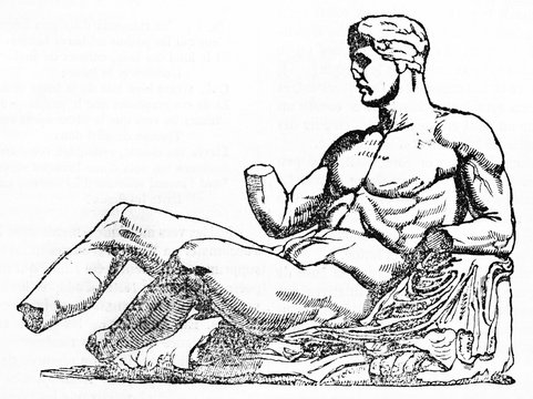 damaged sculpture of a naked man without hands and feet, reproduction of Theseus Parthenon statue kept in British museum London. After Phidias published on Magasin Pittoresque Paris 1834