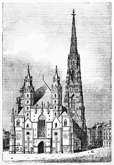 Majestic front view of gothic St. Stephen's cathedral Vienna Austria, with medieval building and square nearby. Old Illustration by unidentified author published on Magasin Pittoresque Paris 1834