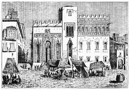 Medieval outdoor street market in front a spanish monument, Valencia stock exchange Spain. Old Illustration by Jackson published on Magasin Pittoresque Paris 1834