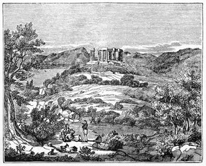 Panoramic view of ruins of a greek temple on a hill surrounded by mediterranean vegetation,Temple of Aphaea, Greece. Old Illustration by unidentified author published on Magasin Pittoresque Paris 1834