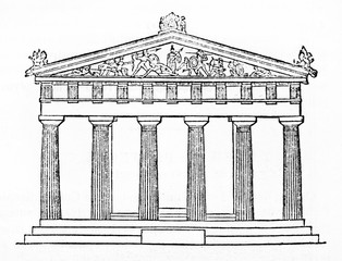 Obraz premium Schematic view of the main side of a doric style greek temple, Temple of Aphaea, Greece. Old isolated Illustration by unidentified author published on Magasin Pittoresque Paris 1834
