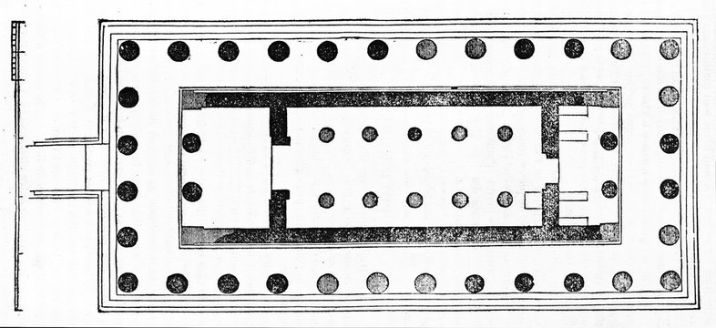 Ancient planimetry of the greek Temple of Aphaea (formerly known as Temple of Jupiter Panhellenius) Greece. Old Illustration by unidentified author published on Magasin Pittoresque Paris 1834