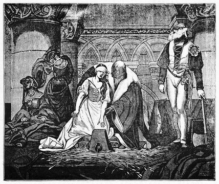 Medieval beheading of Jane Grey, young woman accompained by a lord to the stump while the hangman wait for her. Old illustration by Paul Delaroche published on Magasin Pittoresque Paris 1834