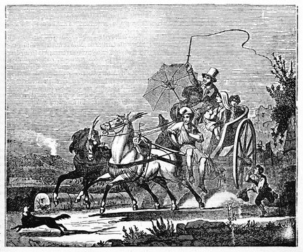 Ancient neapolitan calash with horses crossing fastly a countryside path, passengers on board and coachman. Old Illustration by unidentified author published on Magasin Pittoresque Paris 1834