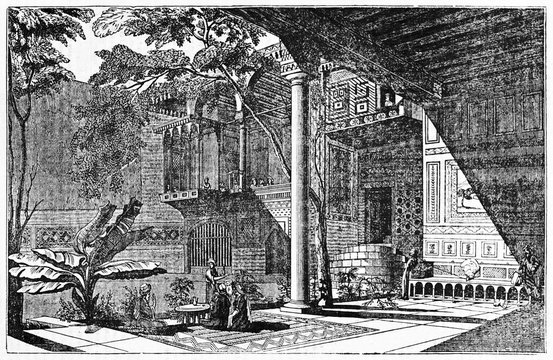 Majestic ancient internal courtyard of an arabian house in Cairo Egypt reach of middle oriental decoration and vegetation. Old Illustration by unidentified author, Magasin Pittoresque, Paris 1834