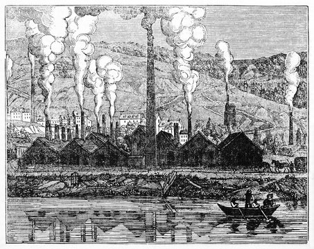 Ancient factory producing a large smoke and pollution amount in front of a river, Le Creusot foundry France. Old Illustration by unidentified author published on Magasin Pittoresque Paris 1834