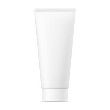 Realistic mock up of package. Vector white mat plastic tube with cap for cosmetics, body cream, skin care, gel, lotion, glue, toothpaste. Front side view. 3D illustration.
