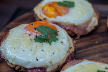 Close up Homemade Croque Madame Thai Styled . (selective Focus)
