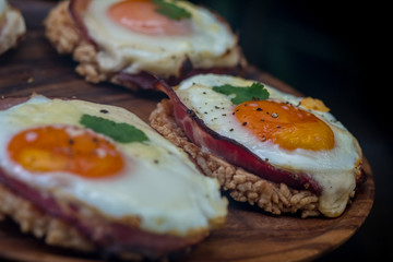 Close up Homemade Croque Madame Thai Styled . (selective Focus)