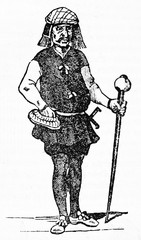 Ancient full body portrait of Gaultier-Gargouille (ca.1582 - 1633), French actor, in his strange scene clothes. Old Illustration by unidentified author published on Magasin Pittoresque Paris 1834