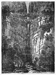 Ancient high rocky landscape with a bridge suspended in the air, Icononzo natural bridge. After Humboldt published on Magasin Pittoresque Paris 1834