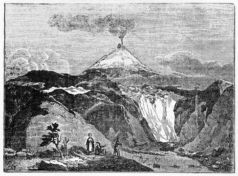 Ancient rocky landscape with a smoking volcano on background, Hekla volcano southern Iceland. Old Illustration by unidentified author published on Magasin Pittoresque Paris 1834