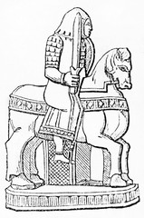 Antique chess piece: the Knight (The Charlemagne Chess set kept in the Cabinet des Medailles Paris). Old Illustration by unidentified author published on Magasin Pittoresque Paris 1834.