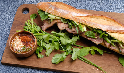 Close up Homemade   Banh Mi  Thai Style. (selective Focus)