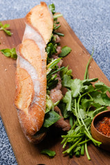 Close up Homemade   Banh Mi  Thai Style. (selective Focus)