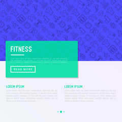Fitness concept with thin line icons of running, dumbbell, waist, healthy food, swimming pool, pulse, wireless earphones, sportswear, yoga. Modern vector illustration for web page.