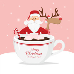 Vector reindeer and Santa Claus with cup of coffee on pink background. Merry Christmas and Happy New Year. Greeting card