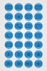 Set of vector icons for the interface, blue color of the round form.