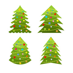 Set of decorative New Year and Christmas trees for cards and design