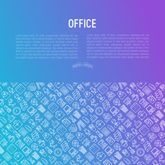 Office concept with thin line icons of manager, coffee machine, chair, career growth, e-mail, folders, water cooler, lamp. Vector illustration for banner, web page, print media.