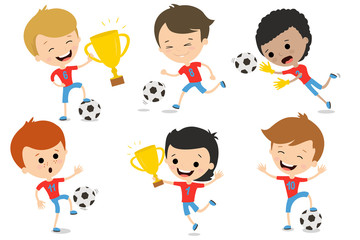 Funny guys play football. Football players in various poses on a white background. A set of characters.