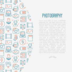 Photography concept with thin line icons of photographer, film, crop, flash, focus, light, panorama. Vector illustration for banner, web page, print media.