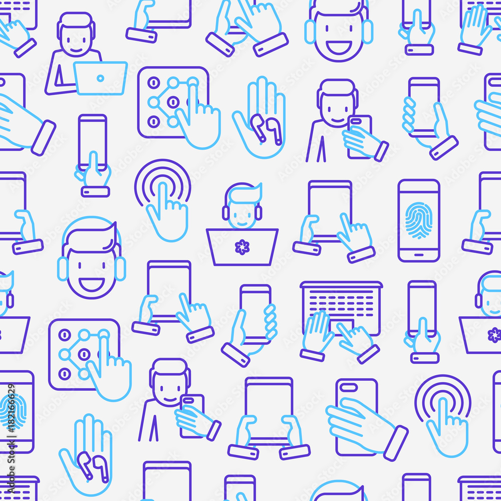 Poster using devices seamless pattern with thin line icons: gadget, tablet in hands, touchscreen, fingerpri