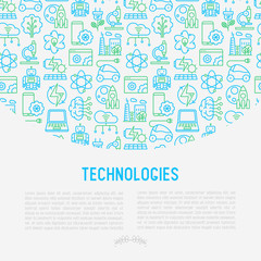 Technologies concept with thin line icons of: electric car, rocket, robotics, solar battery, machine intelligence, web development. Vector illustration for banner, web page, print media.