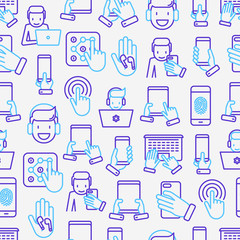 Using devices seamless pattern with thin line icons: gadget, tablet in hands, touchscreen, fingerprint, laptop, wireless headphones. Modern vector illustration for banner, web page, print media.