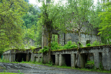 Fototapeta na wymiar Ruins of the side of the building on the shore of Lake Ritsa. Abkhazia