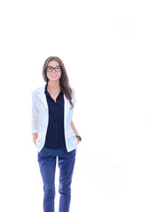 Young woman standing, isolated on white background. Young woman.