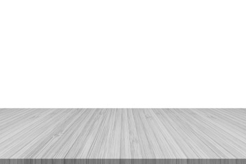 Wood floor or wooden table texture perspective view in light grey color isolated on white wall background for interior design decoration backdrop