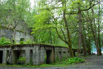 Ruins of the side of the building on the shore of Lake Ritsa. Abkhazia