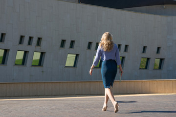 Naklejka premium Business woman in a skirt walking down the street, rear view