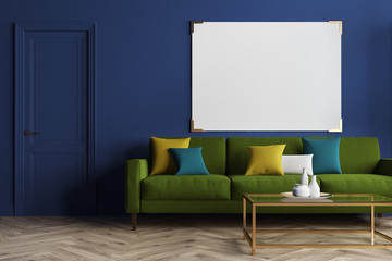 Blue living room, green sofa