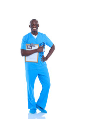 Male doctor standing with folder, isolated on white background. Doctor. Clinic.