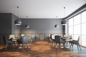 Gray cafe interior, gray chairs